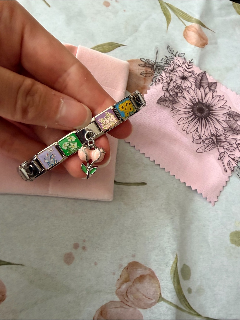 Italian Charm Bracelet With Floral Links & Pink Wraparound Heart Charm